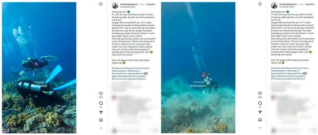  Dos fotogramas del video original sobre la toma acuática del terremoto ocurrido en Indonesia el 8 de noviembre de 2023.&nbsp; Foto: captura en Instagram / Ryo R. Tumpia.&nbsp;&nbsp;   