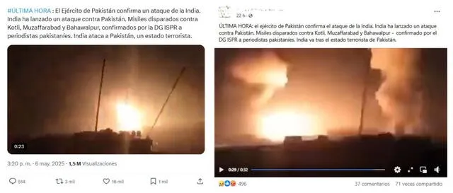 <em>Desinformación sobre la guerra entre India y Pakistán. Foto: captura de X / Facebook</em>   