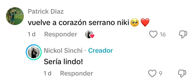 Usuaria de TikTok le pida a Nickol Sinchi que vuelva a Corazón Serrano y ella le responde. Foto: captura/Tiktok   