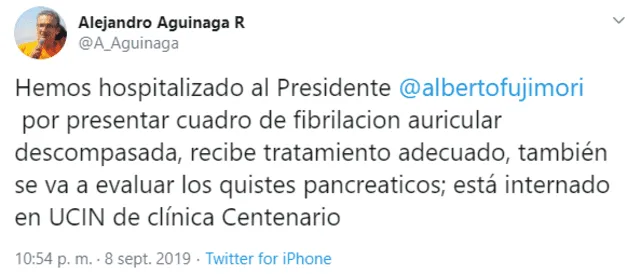 Tweet de Alejandro Aguinaga.