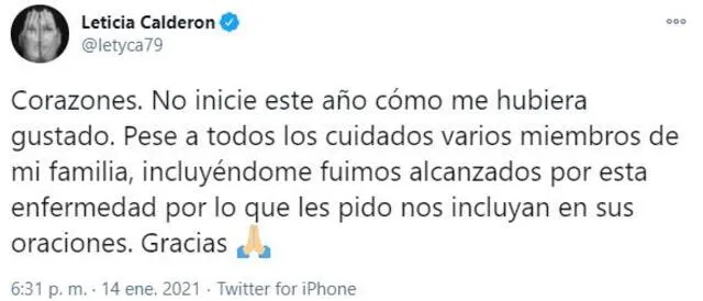 Leticia Calderón anuncia que tiene coronavirus.