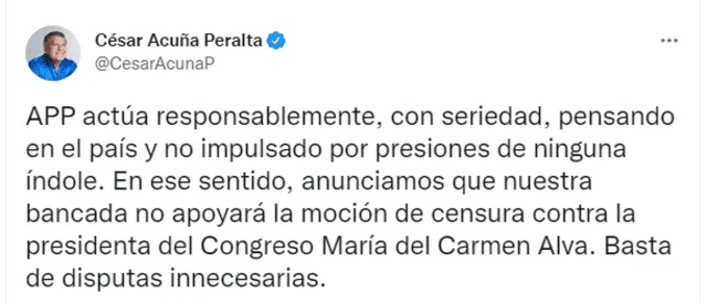 César Acuña Peralta manifestó la posición de su partido contra la moción de censura dirigida hacia María del Carmen Alva. Foto: captura de Twitter