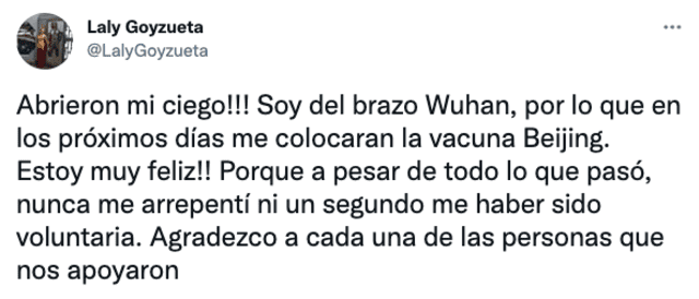Laly Goyzueta comunicó que será vacunada en los próximos días.