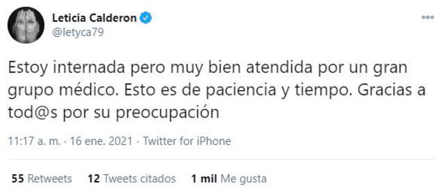 Leticia Calderón fue hospitalizada a causa de la COVID-19