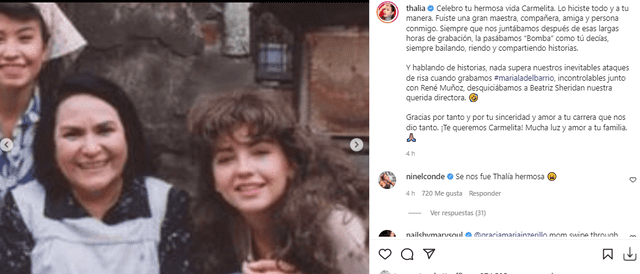 Thalía lamenta la muerte de Carmen Salinas. Foto: Thalía/Instagram.