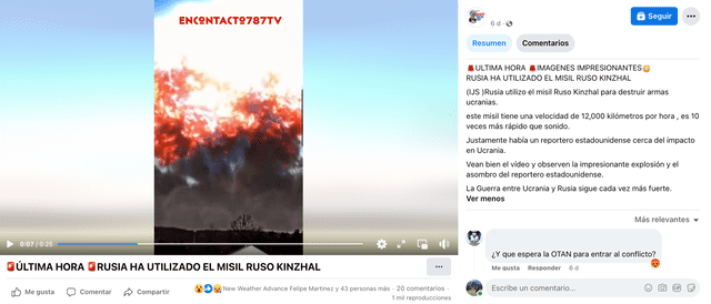 Video que muestra la supuesta explosión de un misil ruso lanzado para destruir armas de Ucrania. Foto: captura