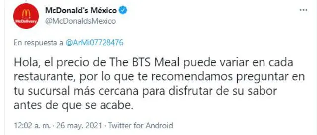 Precio del BTS Meal en México. Foto: Twitter