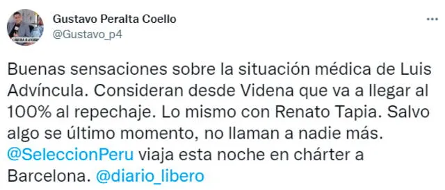 Luis Advíncula viajará con la selección peruana. Foto: captura Twitter Gustavo Peralta.