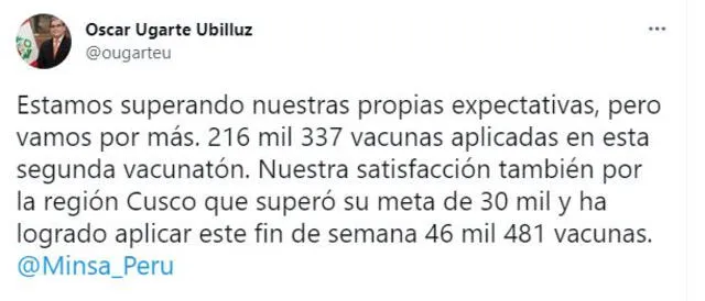 Ministro de Salud confirmó que meta de Vacunatón fue superada. Foto: captura/Twitter
