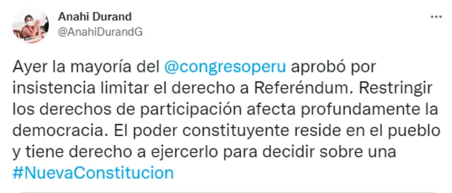 Anahí Durand se pronuncia tras la aprobación vía insistencia de la ley que limita el referéndum. Foto: captura de Twitter