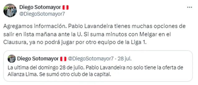  Situación de Pablo Lavandeira previo al partido Universitario vs. Melgar. Foto: Twitter.   