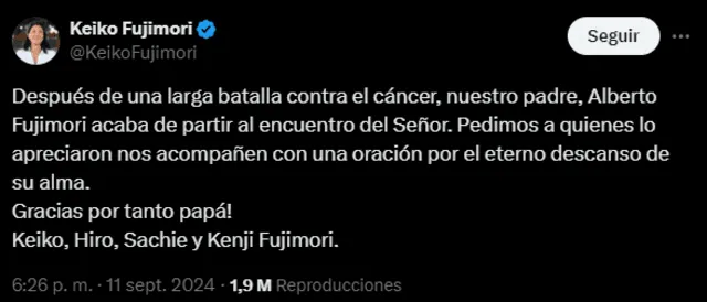 Comunicado de Keiko Fujimori. Foto: captura X   