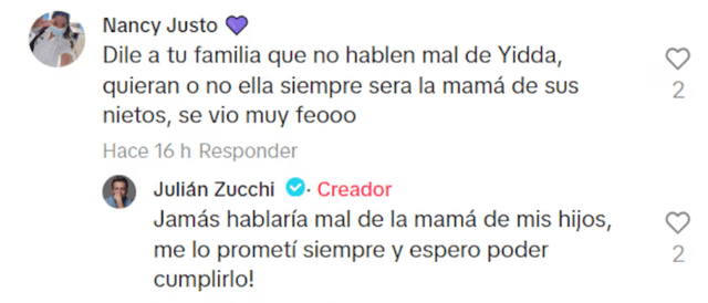 Julián Zucchi respondienle a usuaria en Tiktok sobre Yiddá Eslava. Foto: TikTok.   