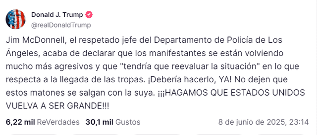 Donald Trump exige tomar medidas contra manifestantes en Los Ángeles. Donald Trump exige tomar medidas contra manifestantes en Los Ángeles.