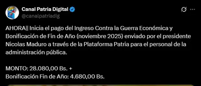 Anuncio del Bono de Guerra de noviembre 2025 para trabajadores públicos. Foto: Canal Patria Digital Anuncio del Bono de Guerra de noviembre 2025 para trabajadores públicos. Foto: Canal Patria Digital