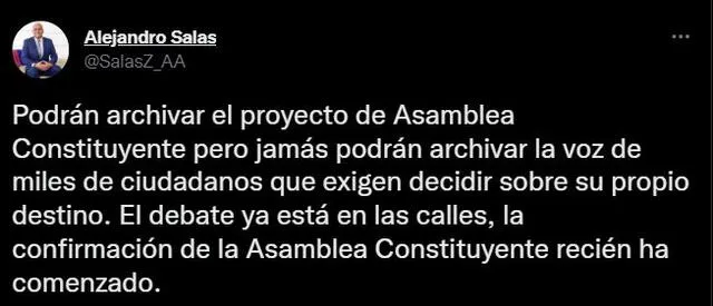 Pronunciamiento de Alejandro Salas, tras el archivo del proyecto de la Asamblea Constituyente. Foto: captura Twitter
