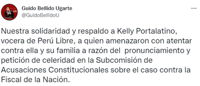 Guido Bellido sobre amenaza contra Kelly Portalatino. Foto: captura de Twitter