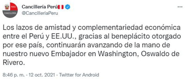El Ministerio de Relaciones Exteriores confirmó el nombramiento de Oswaldo de Rivero a la vez que resaltaba "los lazos de amistad" con el país norteamericano. Foto: Twitter @CancilleriaPeru