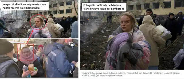 Comparación realizada entre la imagen viral en Facebook y la foto publicada sobre la sobreviviente del bombardeo en Mariupol. Fuente: Composición LR, Facebook, AP.