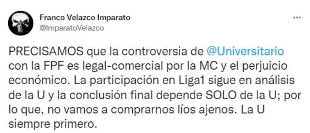 Publicación del asesor legal de Universitario. Foto: captura Twitter