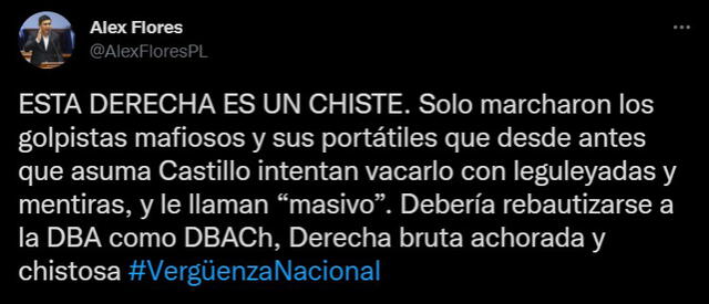 Alex Flores se pronuncia en contra de la marcha provacancia del sábado 5 de marzo. Foto: captura de Twitter