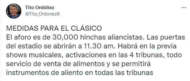 Publicación Tito Ordóñez sobre el clásico Alianza Lima vs. Universitario. Foto: captura Twitter