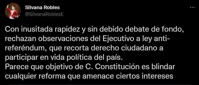 Silvana Robles cuestiona lo aprobado por la Comisión de Constitución. Foto: Captura de Twitter.