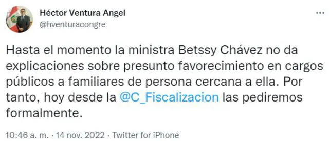 Héctor Ventura sobre denuncia a Betssy Chávez.