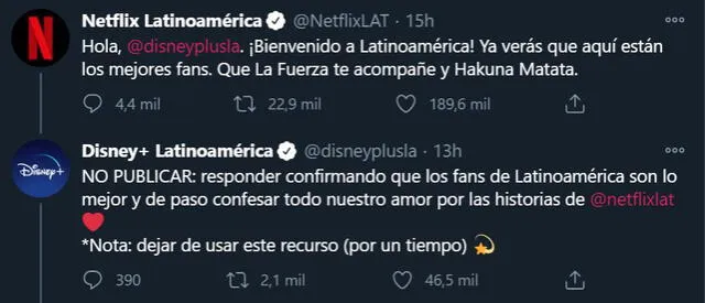 Netflix le dio la bienvenida a Disney Plus a América Latina. Fuente: @netflixlat / Twitter