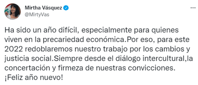 Tuit de Mirtha Vásquez. Foto: captura de Twitter