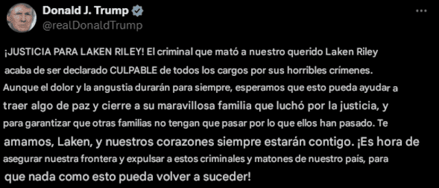  Riley fue encontrada sin vida en febrero de 2024, poco después de salir a correr cerca de su universidad. Foto: Captura de X/@realDonaldTrump   