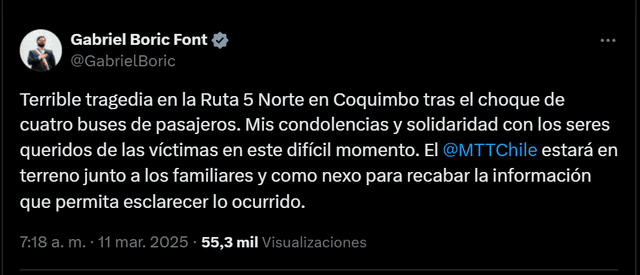 El presidente de Chile se pronuncia sobre el choque de 4 buses en la Ruta 5 Norte. Foto: X/@GabrielBoric. El presidente de Chile se pronuncia sobre el choque de 4 buses en la Ruta 5 Norte. Foto: X/@GabrielBoric.