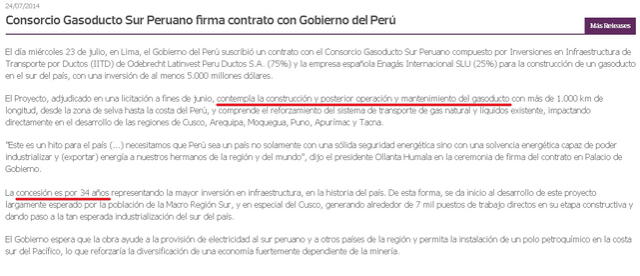 Odebrecht anuncia en su página web la celebración del contrato de concesión por el Gasoducto Sur Peruano, en el 2014.