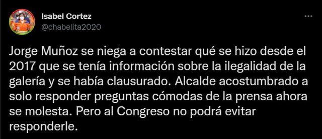 Isabel Cortez advierte que Jorge Muñoz debe aclarar lo ocurrido en el incendio de Mesa Redonda, de lo contrarío tendría que hacerlo ante el Congreso. Foto: Captura de Twitter