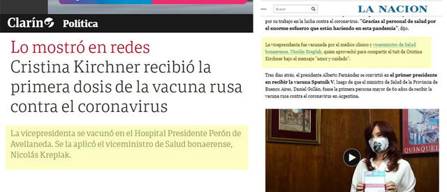 Vacunación de Cristina Fernández. Foto: composición-captura de Clarín y La Nación, respectivamente.