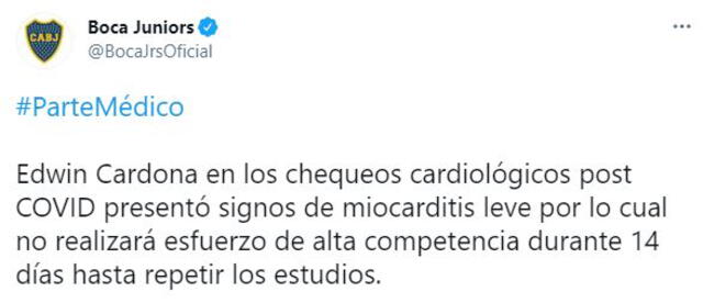 Boca Juniors informó sobre el parte médico de Edwin Cardona.