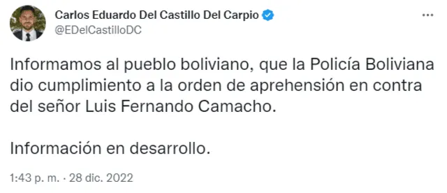 El ministro de Gobierno, Eduardo Del Castillo, anunció la detención de líder opositor. Foto: @EDelCastilloDC/captura/Twitter