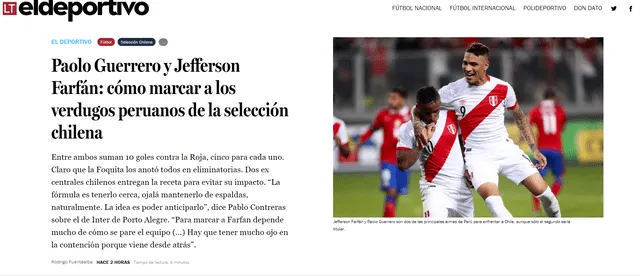El diario La Tercera resaltó la posible presencia Jefferson Farfán y Paolo Guerrero en el Perú vs. Chile. Foto: captura web La Tercera