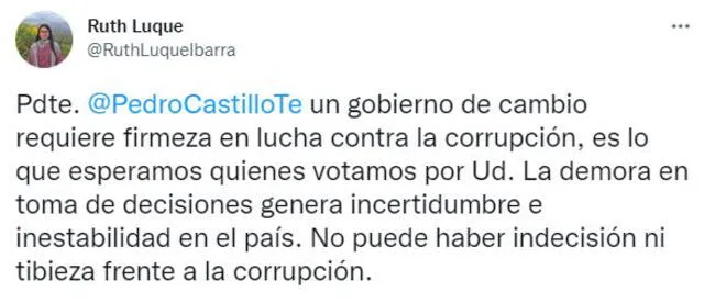 Ruth Luque cuestionó que Castillo no se pronuncie sobre renuncia de Avelino Guillén. Foto: Captura Twitter