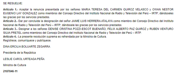  Resolución Suprema N° 010-2023-MC que designa a los nuevos consejeros del IRTP. Foto: captura documento.   