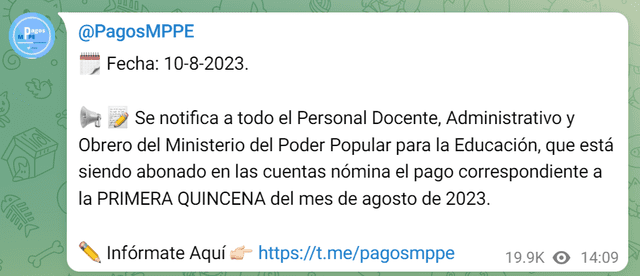 La primera quincena fue entregada junto al Bono Vacacional para el personal obrero activo. Foto: Pagos MPPE/Telegram