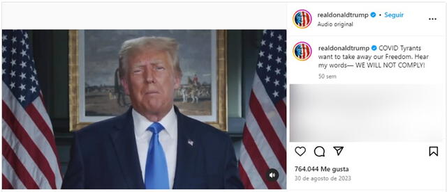  Video de Donald Trump fue difundido el 30 de agosto de 2023. Foto: captura en Instagram / Donald Trump.    