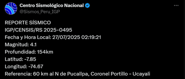  Sismo de magnitud de 4,1 sacude Ucayali. Foto: IGP   