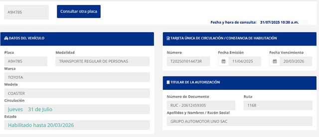 Consulta de tarjeta de circulación por la ATU del bus siniestrado en Dos de Mayo.   