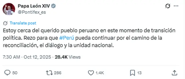 Twet del Papa León XIV en su cuenta oficial de X (antes Twitter)   