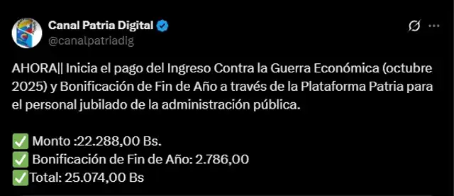 Anuncio del Bono de Guerra de octubre 2025 para jubilados. Foto: Canal Patria Digital   