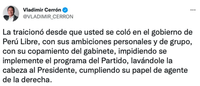 Tuit de Vladimir Cerrón