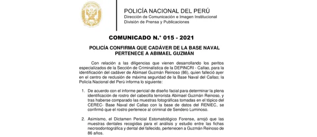 Comunicado oficial. Policía Nacional del Perú / Fuente: Instituto de Defensa Legal Policial