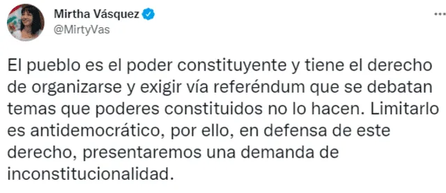 Mirtha Vásquez se pronuncia tras la aprobación por insistencia de la ley que limita el referéndum. Foto: captura de Twitter