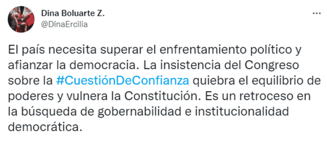Tuit de Dina Boluarte tras la aprobación por insistencia de la ley que regula la cuestión de confianza. Foto: captura de Twitter